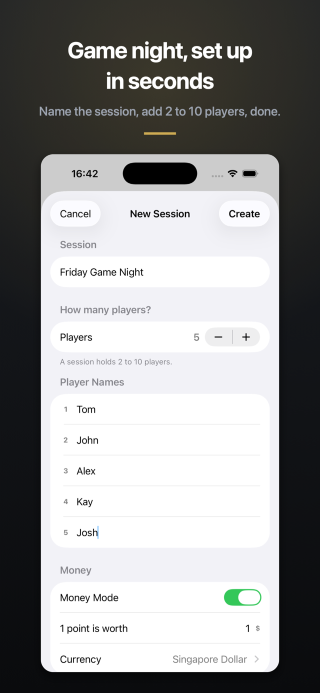 Game night, set up in seconds: naming a session and adding five players.