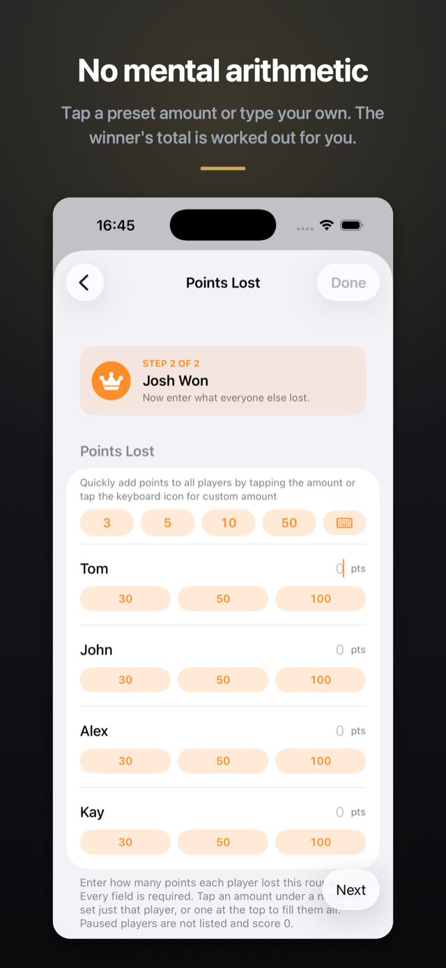 Step 2 of 2, Points Lost: quick-amount buttons above a row for each player.