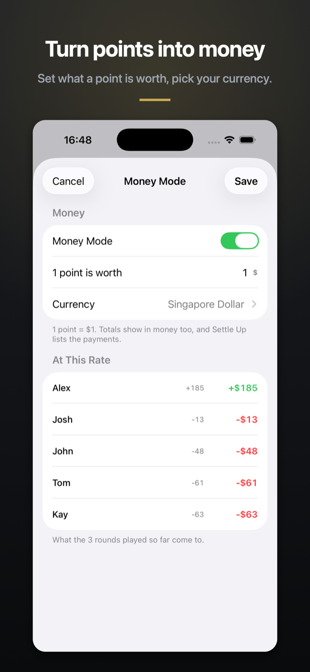 Turn points into money: setting the rate and the currency.
